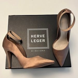 Herve Leger nude light pink neutral satin pointed point toe heels pumps designer